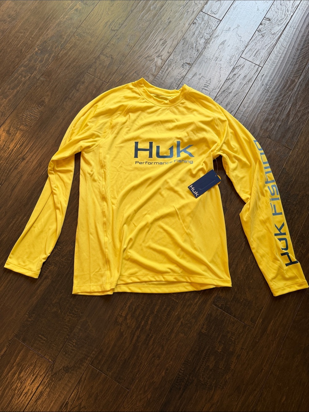 Huk Long Sleeve Performance Fishing Shirt in Yellow with Navy Logo